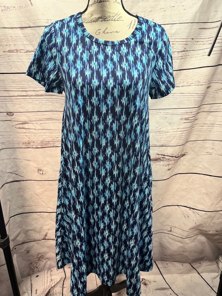 LuLaRoe Womens Size Small Blue White Ikat T-Shirt Dress Short Sleeve Casual‎